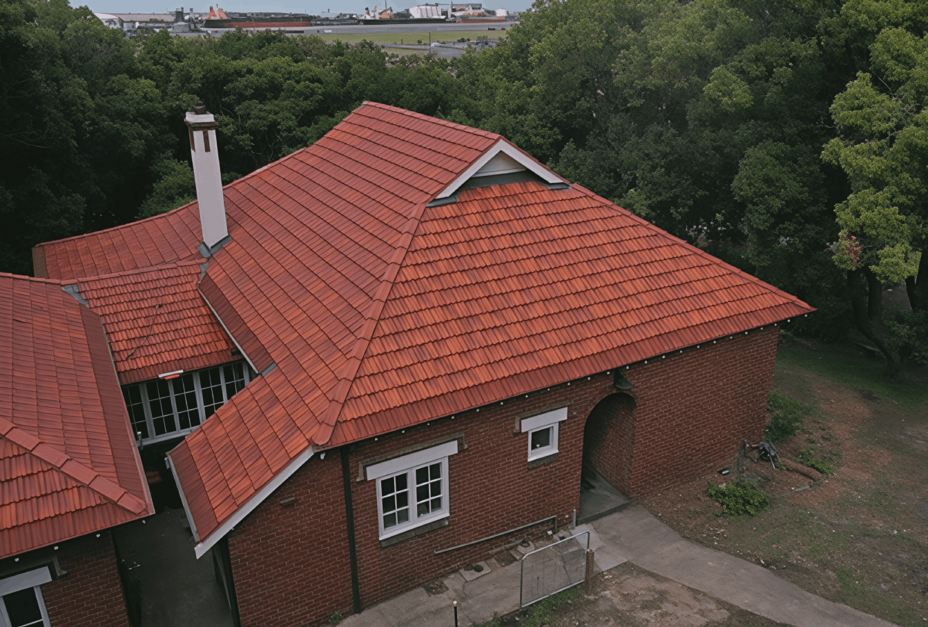 Aerial view of a red brick building featuring a bright red terracotta tiled roof and a tall white chimney, surrounded by green trees.